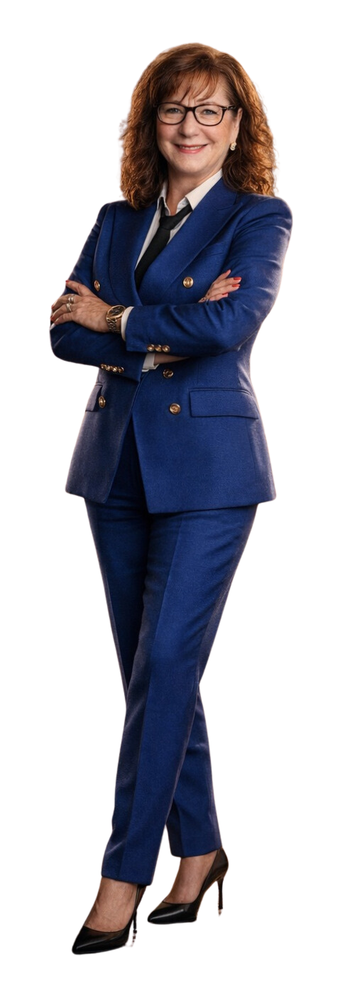Sally Cevasco in a navy suit, arms crossed and smiling